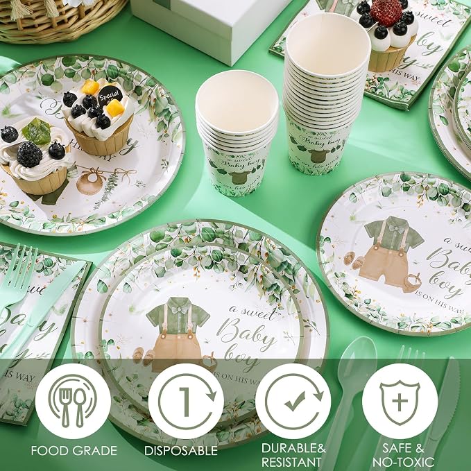 Dandat 350 Pcs Baby Shower Plates Set Baby Shower Party Supplies Serves 50 Tableware Sets Include Plates Napkin Cup Forks Knives Spoons Disposable Dinnerware (Boho,Green)
