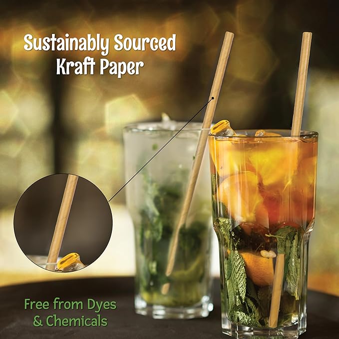 Friendly Straw 300 Pack Biodegradable Kraft Paper Straws, 7.75" x .25" Drinking Paper Straw - Brown Paper Straws Bulk Pack for Home and Restaurant