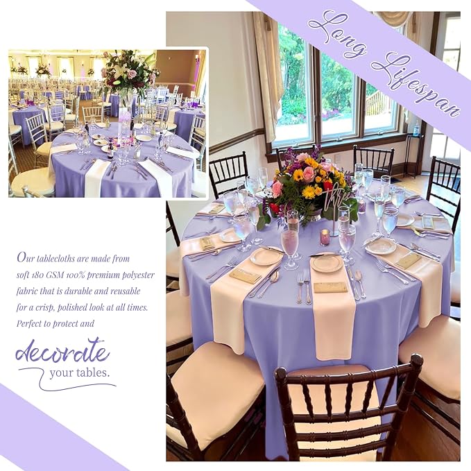Showgeous 12 Pack Lavender Round Tablecloth 120 Inch Polyester Table Cloth for Tables - Washable Decorative Fabric Covers for Wedding, Party, Banquet