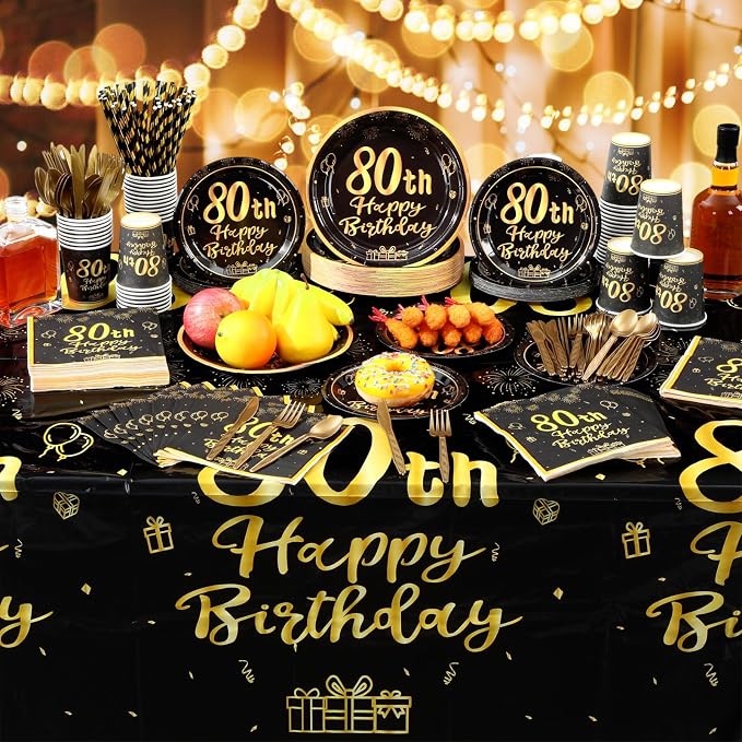 Funnymoom 452 Pcs 80th Birthday Party Decorations Set for Men Women, Black and Gold Happy 80th Birthday Paper Plates Napkins Cups Tablecloth Cutlery Straws Cheers to 80 Years Anniversary Party