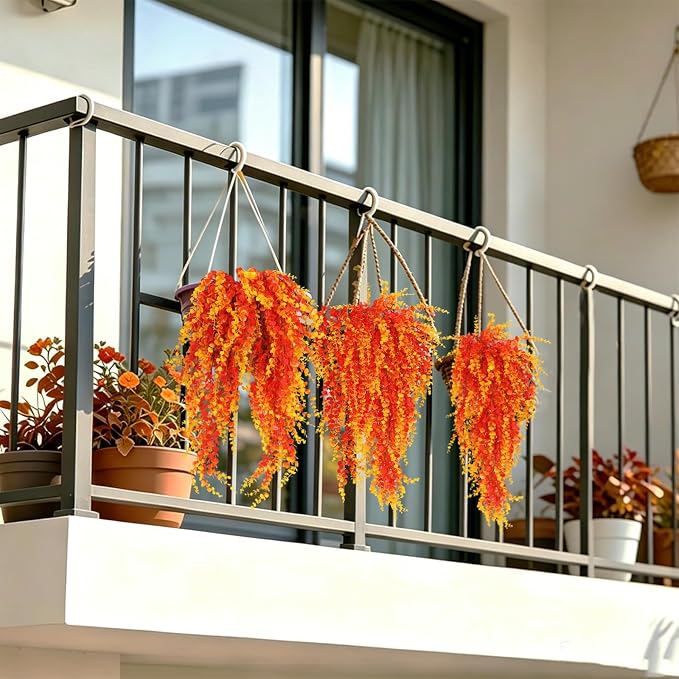 RECUTMS Artificial Greenery for Outdoors 31.5" Faux Hanging Baskets Plants | 3Pcs Fake Vine Plants,Gold Hanging Greenery Stems Autumn Decor of Living Room Bedroom Kitchen Front Porch Yard Garden Wall