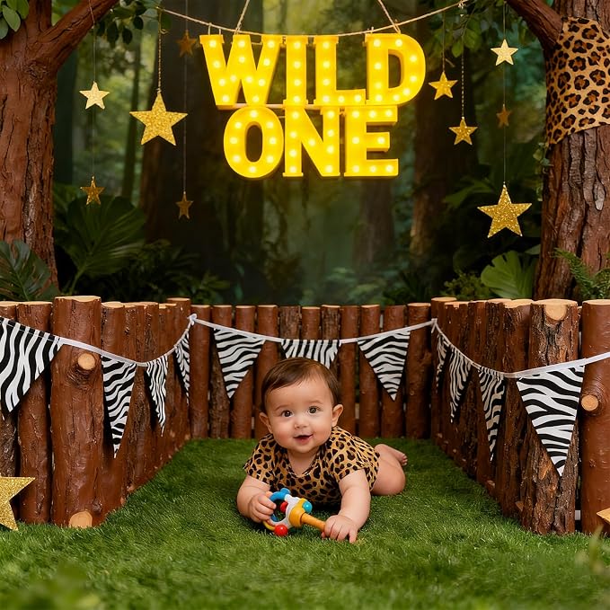 Honoson 7 Pcs Wild One Birthday Party Decorations Wild One Neon Light Sign, 1st Birthday Decorations for Boy or Girl, Warm Lights Decoration for Jungle Animals Theme Party Baby Shower Decoration