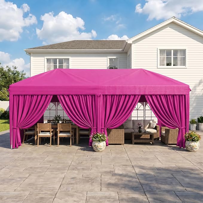 KIGOTY 10x20 FT Portable Pop Up Canopy Tent, Adjustable Height Instant Gazebo with Sidewalls, Sandbags, Waterproof Outdoor Canopy for Camping, Parties, Vendor Events (Pink, 3m × 6m with sidewalls)