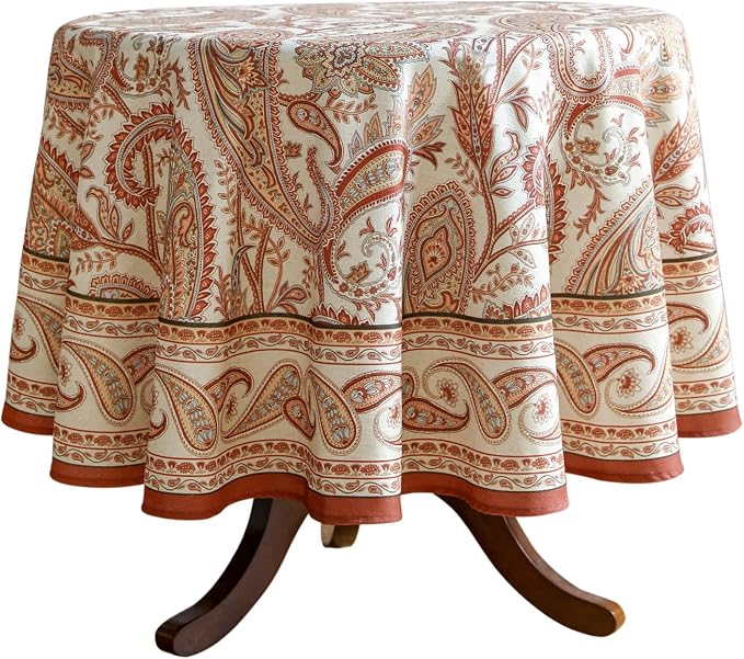 ISAENNE Designer Vintage Round Linen Tablecloth,Diameter 55"-Chauffrey D | Vintage French Table Cloth Round Table,Cashew Pattern,Durable,Heavyweight,Dining Room,Kitchen,Tea Party,Thanksgiving