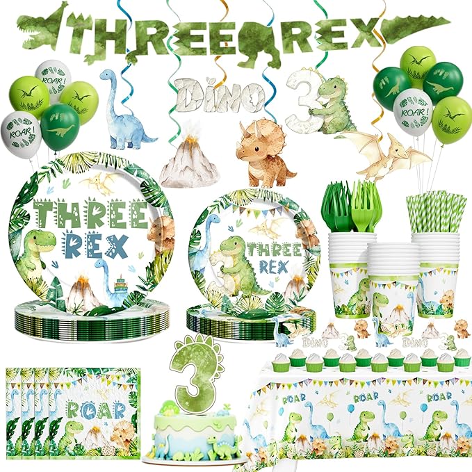 Hombae Three Rex Birthday Decorations Boy, Dinosaur 3rd Birthday Party Supplies with 3 Rex Tableware, Plates, Napkins, Hanging Swirls for Boys 3 Year Old Dino Theme Party, Serves 24