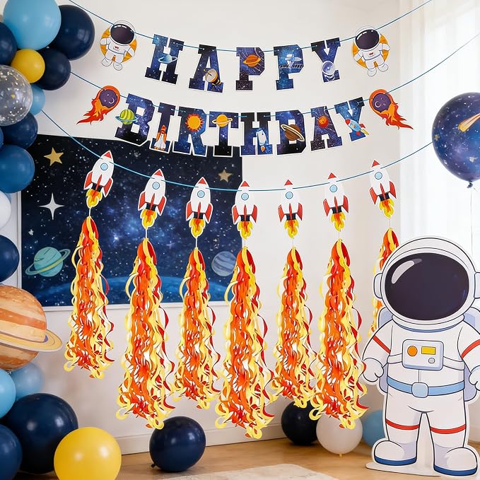 Space Themed Happy Birthday Party Decorations Include Happy Birthday Banner Astronaut Rocket and Tail of Fire Hanging Swirl Tassels Hanging Streamer Decor Space Party Decorations