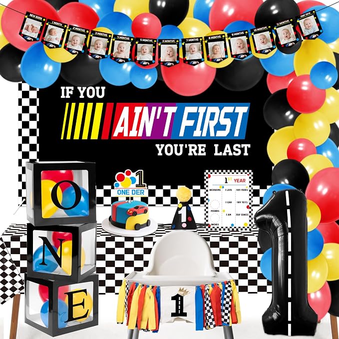 Fast One Birthday Decorations for Boys - 1st Race Car Theme Party Supplies for Baby Shower Decoration Include Birthday Hat Cake Topper Backdrop Tablecloth Photo Banner Arch Balloon Boxes Poster