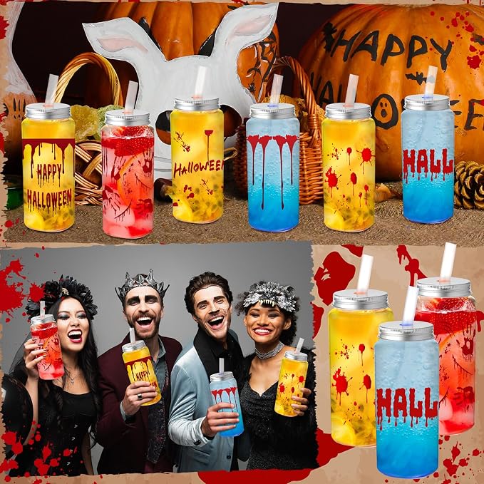 Skylety 30 Pcs Halloween Blood Printed Plastic Cups 13.5 oz Plastic Tumbler with Lids and Straws Reusable Bloody Drinking Cups for Halloween Themed Party Supplies Juice Soda Drinks