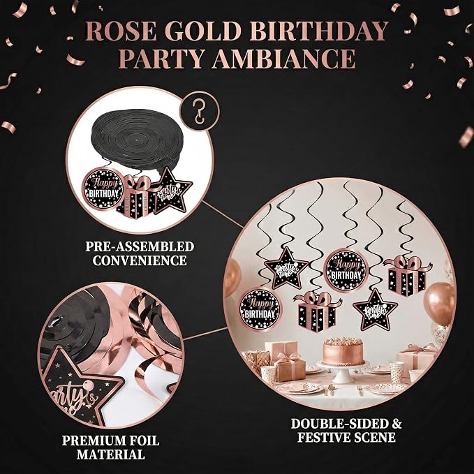 Rose Gold and Black Birthday Decorations - Party Supplies Kit with Tablecloth, Paper Plates, Photo Props, Champagne Foil Balloon, Fringe Curtains, Cake Topper and Banner for Women 18th 21st 30th 40th