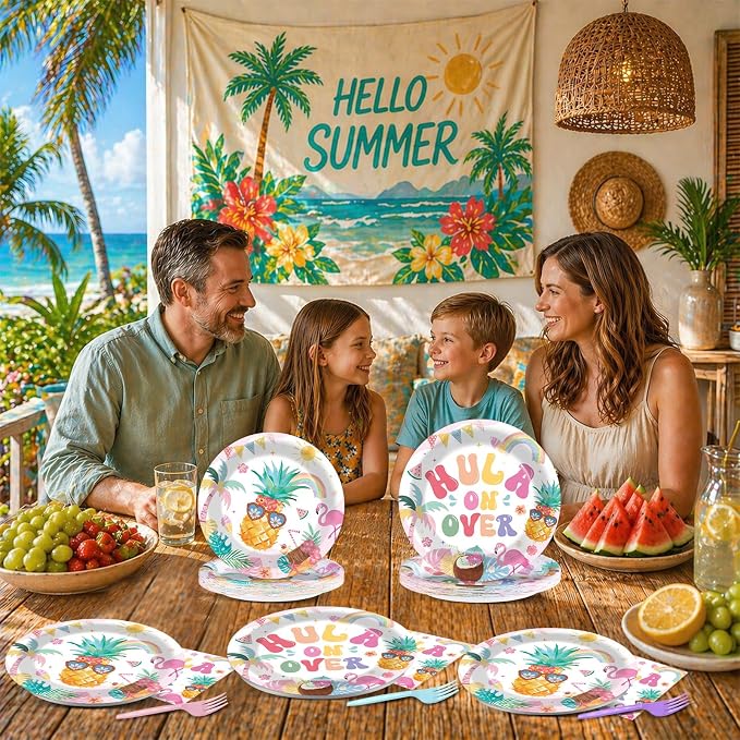 96Pcs Summer Birthday Party Supplies Pool Paper Plates Napkins and Forks Hawaii Party Decorations Hula on Over Dinnerware Favor for Men or Women Tableware Serves 24
