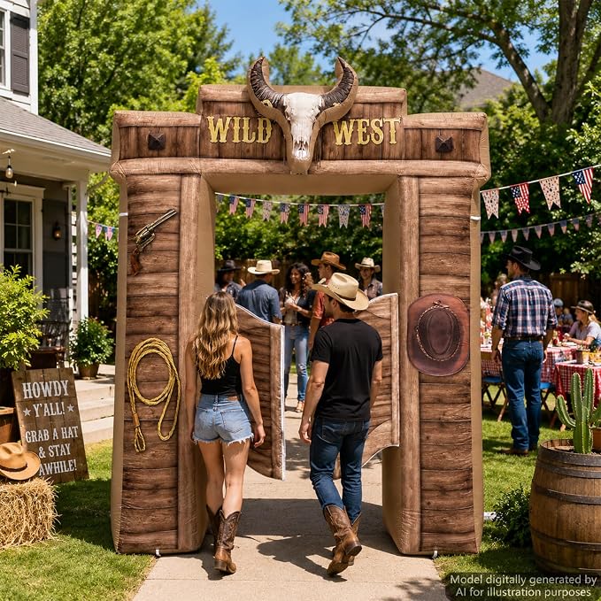 10 Ft Wild West Inflatables Arch Giant Cowboy Inflation Arch with LED Light Western Theme Blow Up Archway for Cowboy Party Outdoor Indoor Yard Lawn Garden Photo Booth Props Blow-Up Backdrop Decor