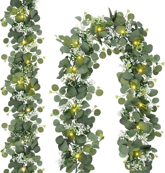 N&T NIETING 2 Pack Artificial Eucalyptus Garland with Lights, 6FT Artificial Greenery Garlands, Battery Operated Twig Vine for Room Stairs Mantle Wedding Holiday Mothers Day Decoration Indoor Outdoor