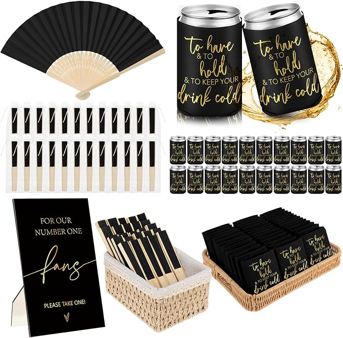 Hoteam 25 Sets Wedding Party Favors for Guests Bulk Including Can Cooler and Paper Folding Fans with Wedding Decor Table Sign Cheers to Love for Bridal Shower Party Souvenir(Classical,Black)