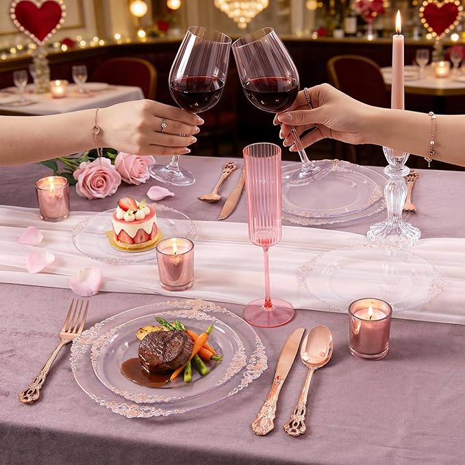 102PCS Rose Gold Plastic Plates - Clear Rose Gold Plate - Heavy Duty Disposable Plates - Fancy Disposable Dinner & Dessert Plate for 51 Guests for Party & Wedding & Mother's Day