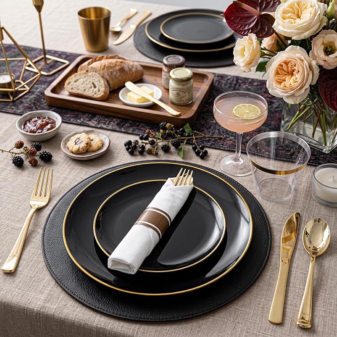 KIRE 350 PCS Plastic Dinnerware Set for 50 Guests - Black and Gold Plates 50 for Dinner 50 for Dessert & 50 Pre Rolled Napkins with Disposable Silverware 50 Cups for Graduation/Wedding/Father's Day