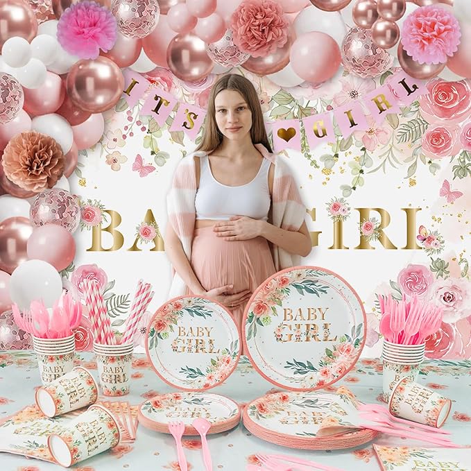 Baby Shower Decorations for Girl,225 PCS YHFNDIYS Pink Floral Girl Baby Shower Decorations Party Supplies (20 Guest) with Paper Plates Cups Napkins Straws Banner Tablecloth Backdrop Balloons Arch Kit