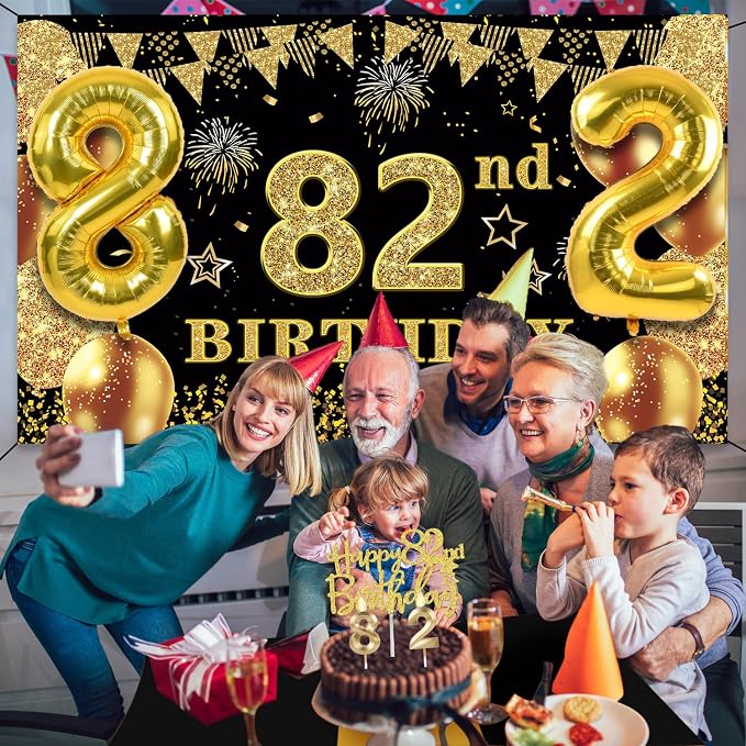 82nd Birthday Decorations Men Women with Banner, Black and Gold Table Cloth, Number Balloons, Sash, Cake Topper and Candles