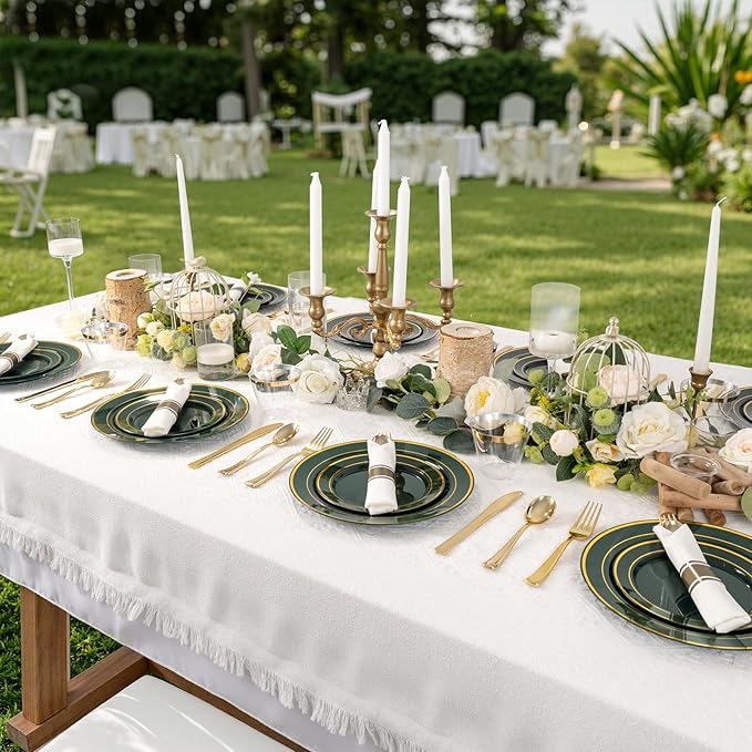 WDF Partyware 350PCS Green and Gold Plates - Green Plastic Plates 50Guests Plastic Plate with Rolled Napkins for Party/Birthday