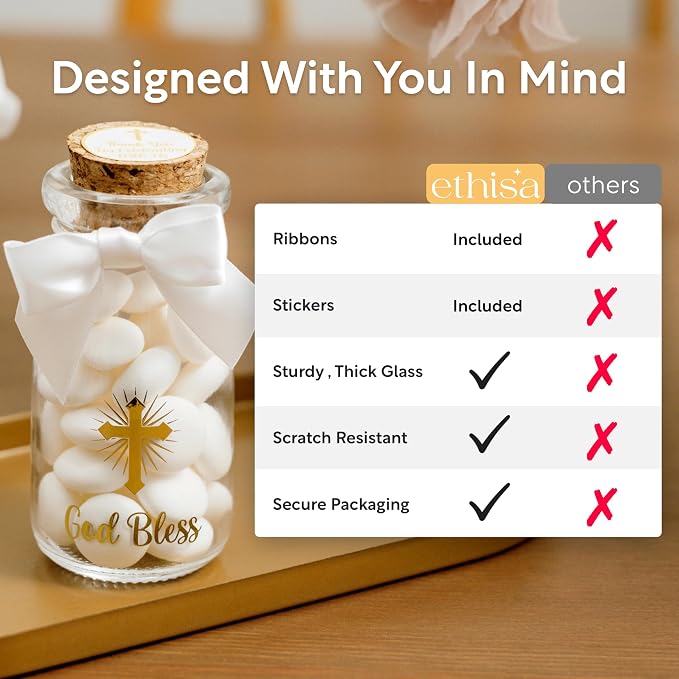 Ethisa Vintage 12 Pack Baptism Glass Bottles with Ribbons and Stickers - Classy God Bless Party Favors for Baptism and 1st Communion - Bautizo Table Centerpiece Decoration - Baby Christening Candy Jar