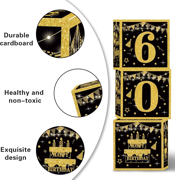 Gold 60th birthday decorations for men,3pcs birthday Decorations for Men boys black and gold Balloon Boxes Birthday Party Favors