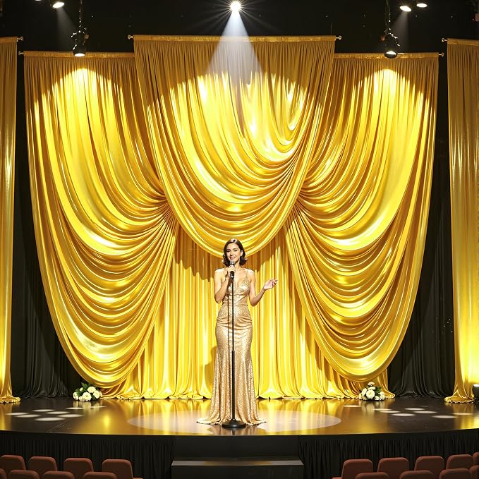 Yellow Gold Glitter Backdrop Curtains - 20x12FT Satin Photo Backdrop, Wrinkle-Free Shimmer Back Drop Cloth Shiny Drapes for Photobooth Wedding Birthday Parties Photoshoot Background Decorations