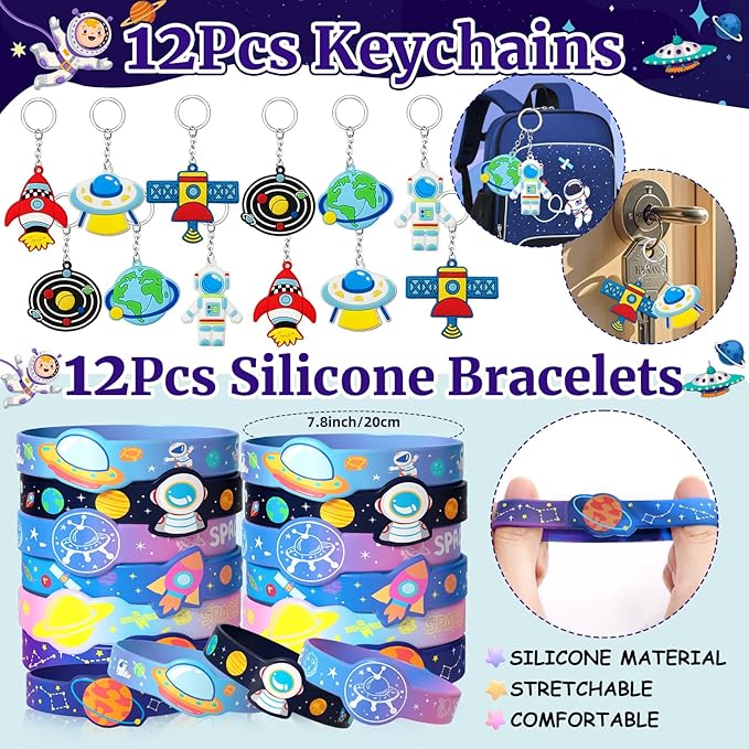 SNLN Outer Space Party Favors Birthday Supplies Non-Woven Gift Bag Stress Ball Spaceship Toy Astronaut Eraser Silicone Bracelet Keychain Tattoo Sticker Galaxy Space Goodie Bags Party Decoration