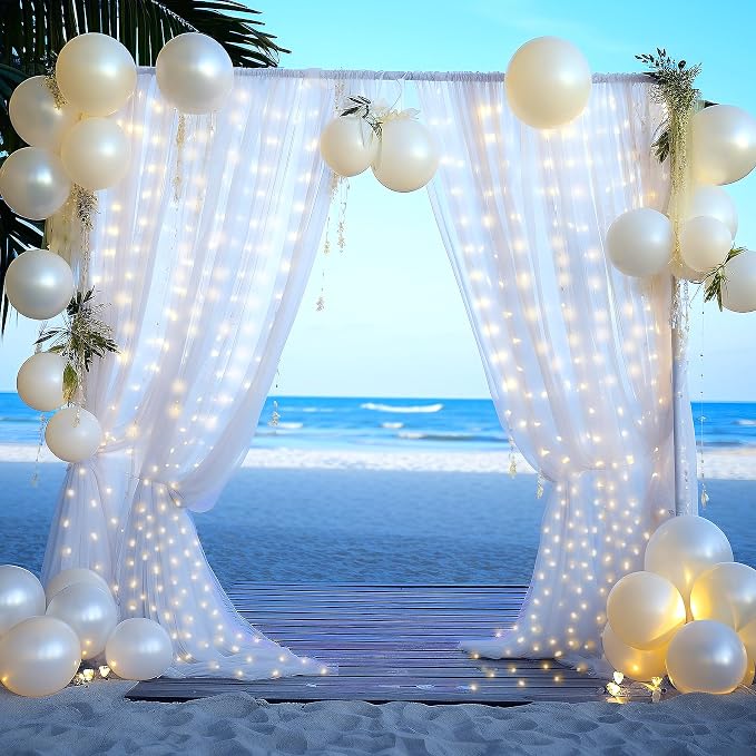 6 Panels White Sheer Tulle Backdrop Curtains with Lights String for Party Wedding Wrinkle Free Curtain Backdrops Drape for Baby Shower Birthday Photo Back Drop Background Home Decoration 30ft x 10ft