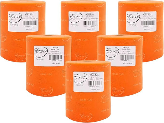 Expo International Decorative Matte Tulle, Roll/Spool of 6” X 200 Yards, Lightweight Polyester Tulle Fabric for Tutus, Costumes, and Party Decorations, Washable, Easy-to-Use, Pack of 6, Orange