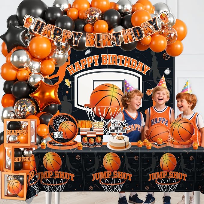 241pcs Basketball Party Decorations, All-in-one Party Set with 20 Serves Disposable Plates, Banner, 2 Tablecloths, Backdrop for Basketball Birthday Party Decorations