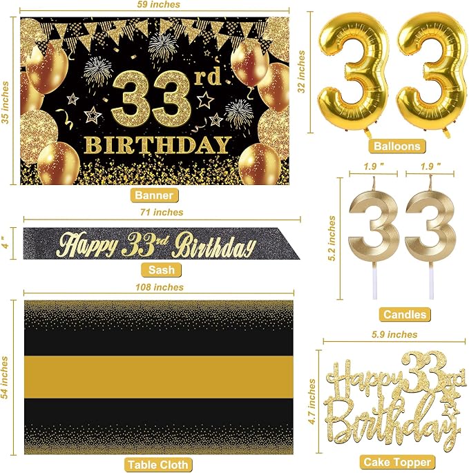 33rd Birthday Decorations Men Women with 33rd Birthday Banner, Black and Gold Table Cloth, Number Balloons, Large Sash, Cake Topper and Candles