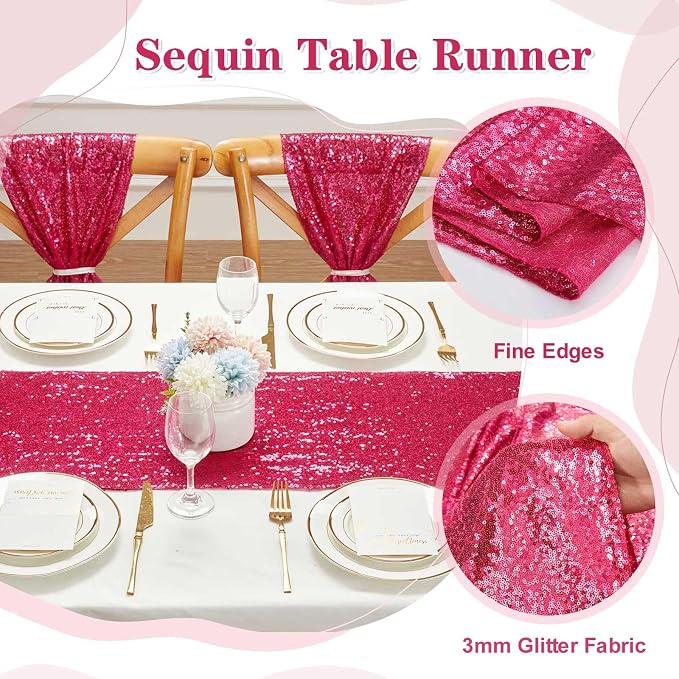 Sequin Table Runners 5 Pieces Fuchsia Table Runners 12x72 Inch Glitter Dining Table Cover for Party Wedding Birthday Reception Banquet Decoration Spring Party Chair Sashes
