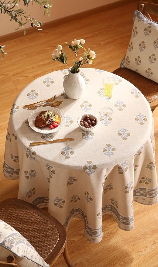 patdrea Vintage French Linen Tablecloth,Round,Diameter 67"-Istana A | Heavyweight Elegant Table Cloth for Round Table,Natural Floral Block Print,for Dining Room Tea Party Thanksgiving
