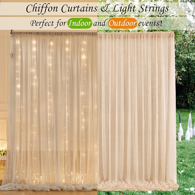 10ft x 10ft Champagne Chiffon Backdrop Curtain with Lights String for Parites Wedding Wrinkle Free Curtain Photo Backdrops Drapes for Baby Shower Birthday Party Home Decorations