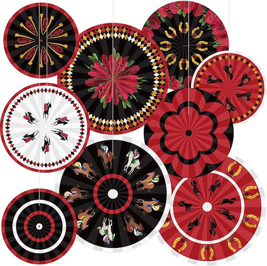 Outus 9 Pcs Horse Racing Paper Fans Derby Day Hanging Decorations Horserace Festival Party Paper Fans Hanging Ceiling Wall Decors for Racing Equestrian Themed Birthday Party Supplies