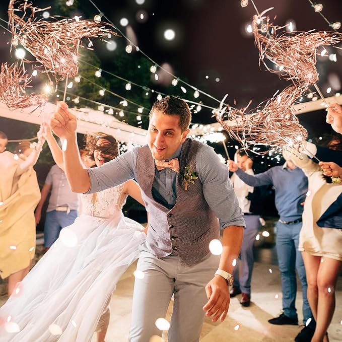 Simgoing 100 Pcs Lighted Wedding Wands LED Tinsel Wands Light up Streamers Sparklers for Wedding Send Off and Exits Birthday Party Props Favors(Rose Gold)