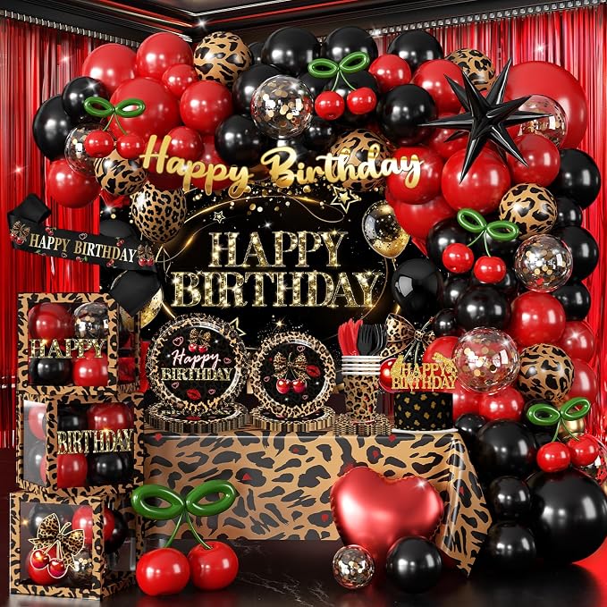 Cocomigo 261pcs Cheetah Print Birthday Decorations, One-stop Set for 25 People, Includes 350gsm Plates Pre‑threaded Banner Backdrop and Tablecloths, Cheetah and Cherry Birthday Decorations for Female