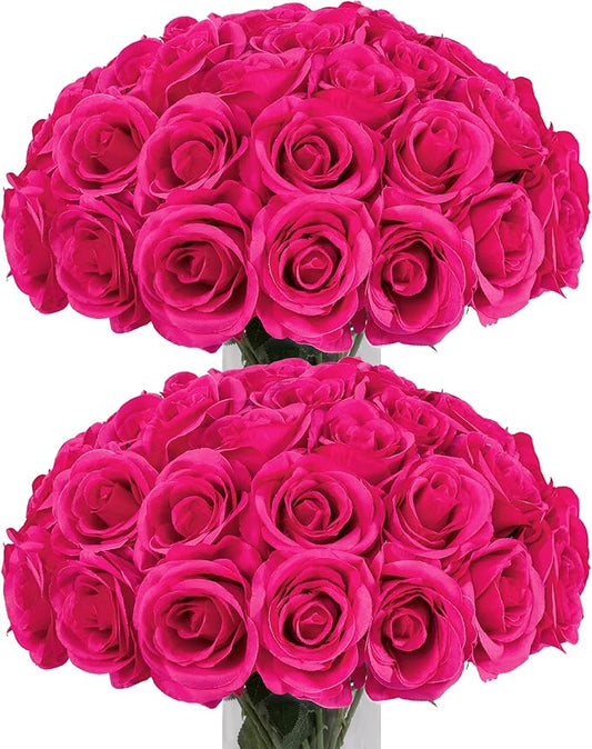 50pcs Artificial Roses Flowers in Bulk,Realistic Silk Fake Rose with Long Stem for Wedding Centerpieces Bouquet Party Floral Arrangement Home Decoration (Hot Pink)