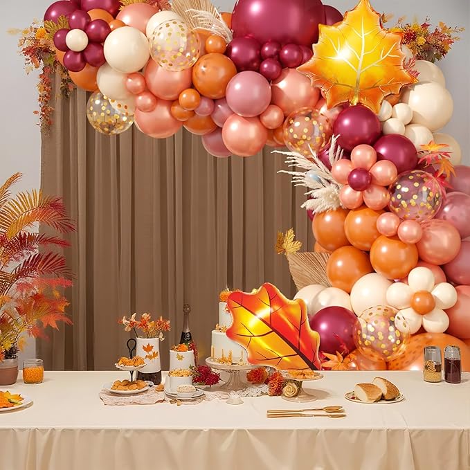 Fall Balloon Garland Arch Kit, Orange Wine Red Dusty Pink Rose Gold Confetti Balloons with Maple Leaf Foil Balloons for Thanksgiving Autumn Fall Birthday Baby Shower Party Decorations
