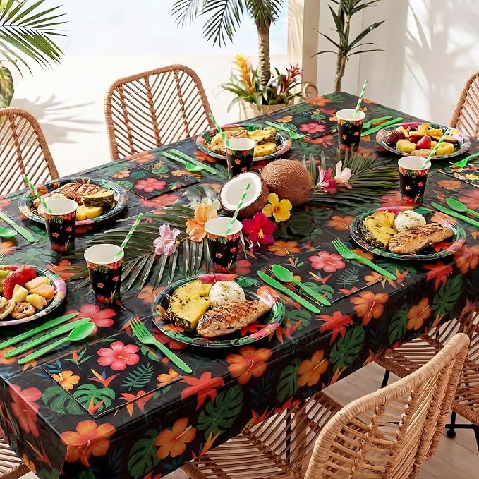 Vesici 452 Pcs Tropical Hawaiian Aloha Party Supplies Set for 50 Guests Luau Disposable Tableware 9'' 7'' Paper Plates Napkins Tablecloths 9oz Cups Cutlery for Summer Beach Pool Birthday Decorations