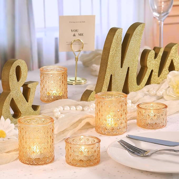 MATAHUM 20 Pcs Gold Glitter Diamond Tealight Candle Holders, Luxury Glass Votive Candle Holders Bulk, 2 Sizes for Wedding Centerpieces, Bridal Shower, Birthday, and Anniversary Party Decor