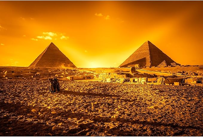 Egyptian Pyramids Backdrop Orange Sunrise Panorama of Giza Pyramids Photography Background Africa Historical Monuments Tourist Landscape Background Decorations Portrait Photo Decor Props 9x6ft