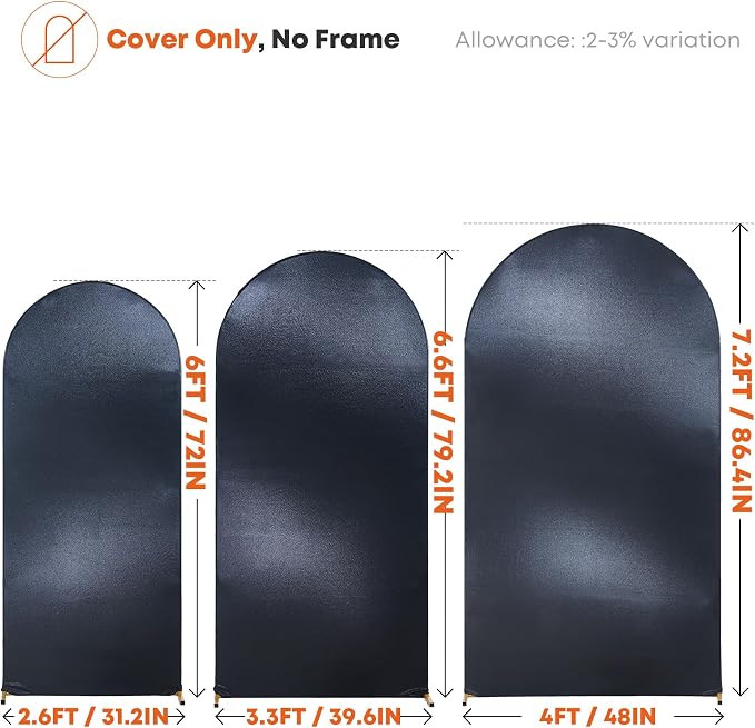 Shimmer Black Arch Backdrop Cover Set of 3 (6 6.6 7.2FT) with Zipper,Thick Soft Stretchy Sequin Glitter Spandex Fitted Chiara Cover for Wedding Birthday Baby Shower Graduation Party Photo Backdrop
