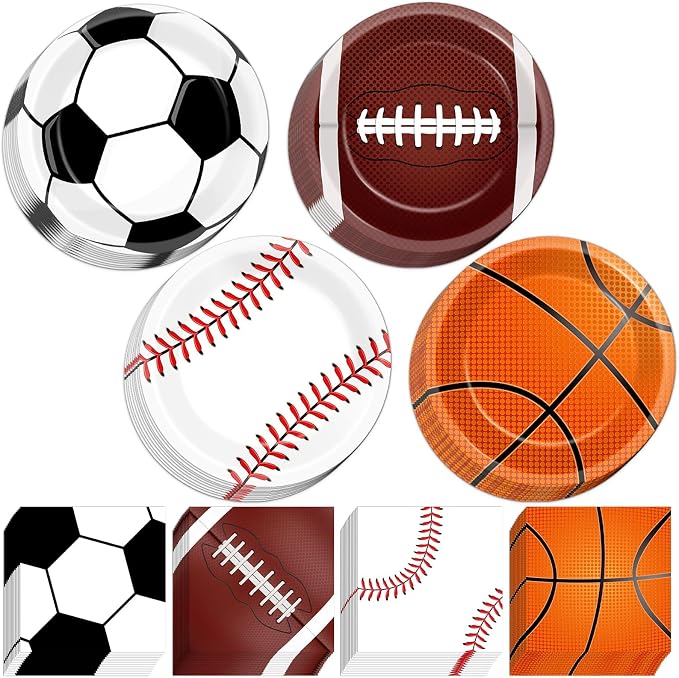 Lonfliness 96 Pcs Sports Party Decoration Sport Plates and Napkins Basketball Football Baseball Dessert Cake Tableware Supplies Rugby Theme Activities Game Disposable Paper Party Dinnerware Favor
