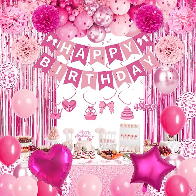 Hot Pink Birthday Decorations, Pink Party Decorations with Balloons Happy Birthday Banner Bday Sash Crown Tablecloth Fringe Curtain Hanging Swirl Heart Star Foil Balloons for Women Girls Bday Decor