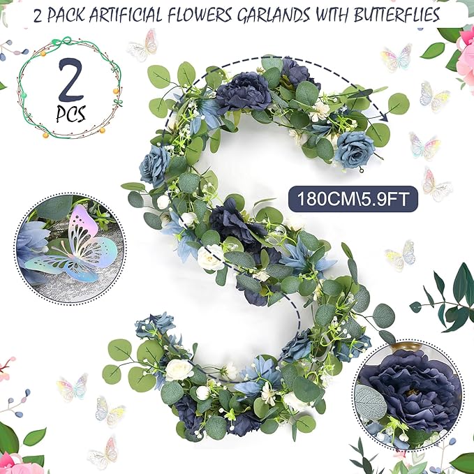 Eucalyptus Garland with Flowers - 2 Pack 5.9 FT Fake Flower Garland with Butterflies Faux Rose Greenery Garlands for Wedding Table Backdrop Arch Centerpieces Decorations - Navy Blue