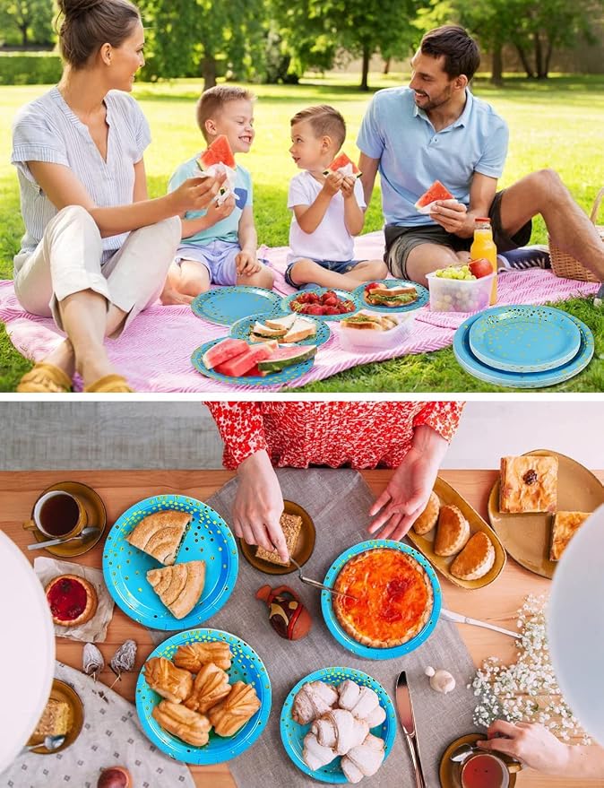 Nkaiso 141 Pieces Sky Blue Gold Party Supplies, Disposable Party Decorations Sets Include Paper Plates Napkins Cups, Plastic Forks Knives Spoons, for Baby Shower Birthday Wedding -20 Guests