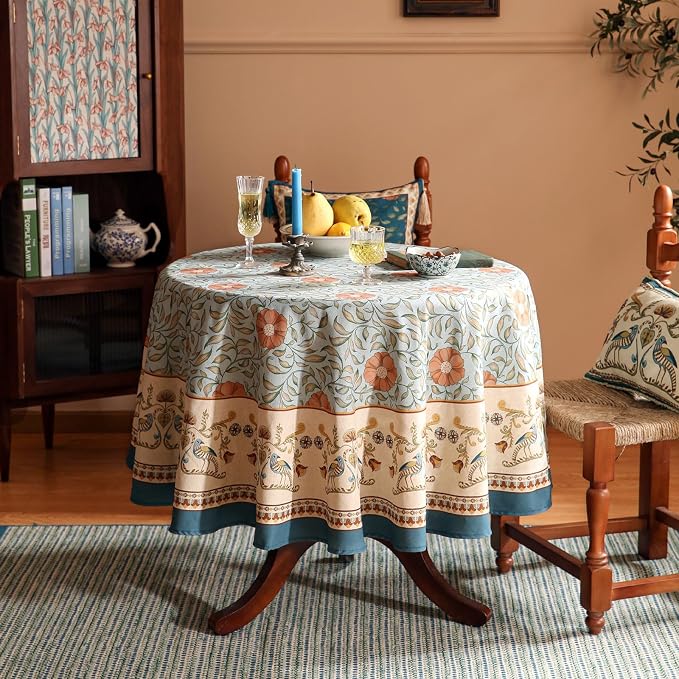 patdrea Vintage French Linen Tablecloth,Round,Diameter 67"-Wensel | Italian Provencal Table Cloth for Round Table,Colorful Floral Patterned,Dining Room Tea Party Thanksgiving Decor