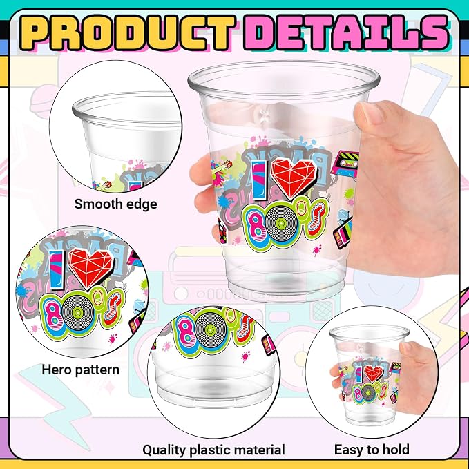 FoldTier 50 Pcs 80s Cups 12 oz Plastic Clear Birthday Glasses Disposable Music Theme Drinking Cups for Home Party Back to the 80s Theme Birthday Favors Supplies Decoration(80s)
