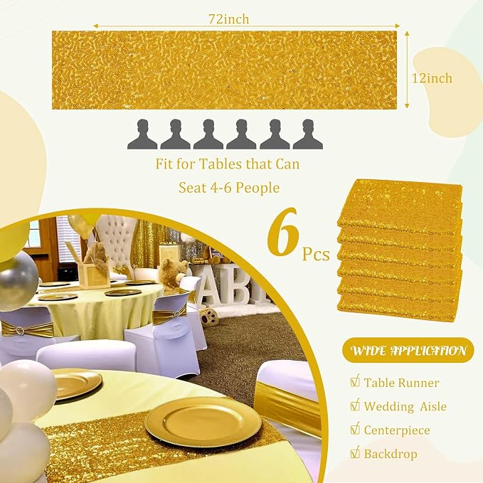 6 Pack Gold Sequin Table Runner 12" x 72" Sparkle Table Runner for Baby Bridal Shower Wedding Birthday Party Table Decor (Gold)