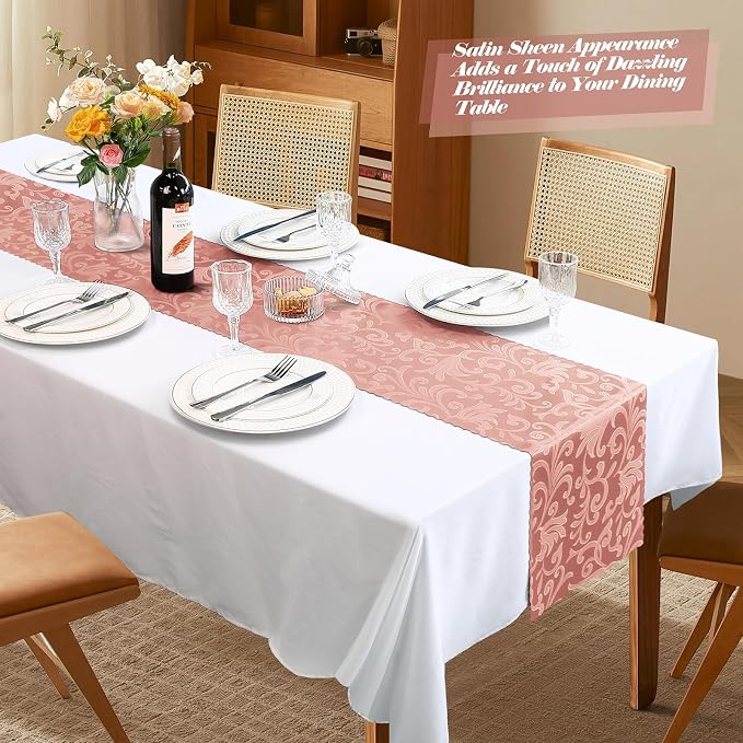 MILVOWOC 12 Pack Rose Gold Satin Table Runner, 12 x 72 Inch Jacquard Damask Table Runner Rectangle Bright Silky Decorative Table Runner for Party Banquet Birthday Dinner Wedding Table Decor